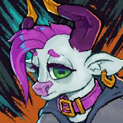  abstract_background anthro bovid bovine cattle clothed clothing collar decoration digital_media_(artwork) ear_piercing green_eyes hair horn icon looking_at_viewer low_res male mammal piercing purple_hair ring_piercing solo tass_(character) tass_the_bovine thumbnail 