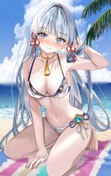  alternate_costume bare_shoulders beach bikini blue_eyes blue_gemstone blue_hair blue_sky blush breasts cleavage cloud collarbone commentary day feet female fingernails full_body gem genshin_impact hand_in_own_hair hand_up highres kamisato_ayaka light_blue_hair long_hair looking_at_viewer medium_breasts mitsu336 navel neck_tassel outdoors panties seiza sitting sky smile solo stomach swimsuit toenails toes underwear very_long_hair white_bikini white_panties 