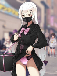  4girls absurdres alternate_costume bag black_dress black_surgical_mask blurry blurry_background bow bowtie bra bra_peek clothes_lift commission cowboy_shot dress english_commentary girls&#039;_frontline grey_eyes hair_between_eyes highres long_hair looking_at_viewer m200_(girls&#039;_frontline) mask masked mouth_mask multiple_girls o_o_(ywsm2327) panties pink_bow pink_bowtie pink_bra pink_nails pink_panties qbu-88_(girls&#039;_frontline) skirt skirt_lift svd_(girls&#039;_frontline) type_80_(girls&#039;_frontline) underwear white_hair 