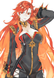  absurdres ahoge black_bikesuit breasts cleavage commentary cowboy_shot earrings english_commentary female genshin_impact hand_in_own_hair hand_up highres jewelry large_breasts long_hair long_sleeves looking_at_viewer mavuika_(genshin_impact) parted_lips partially_unzipped red_eyes red_hair rosaken solo sun-shaped_pupils very_long_hair white_background 