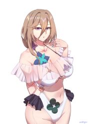  absurdres alternate_costume aponia_(honkai_impact) bikini breasts brown_hair cameltoe collarbone female frilled_bikini frills highres honkai_(series) honkai_impact_3rd large_breasts light_brown_hair navel onshigou purple_eyes see-through see-through_frills solo swimsuit white_bikini 