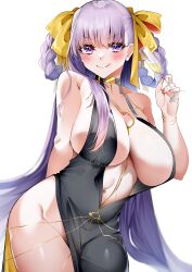  absurdres alcohol bare_shoulders bb_(fate) bb_dubai_(fate) belly_chain black_dress blush braid braided_hair_rings breasts center_opening champagne champagne_flute cleavage cup dress drinking_glass fate/grand_order fate_(series) female hair_ribbon highres jewelry large_breasts len_(hand_linke) licking_lips long_hair looking_at_viewer navel necklace purple_eyes purple_hair ribbon side_slit sideboob smile solo thighs tongue tongue_out twin_braids very_long_hair yellow_ribbon 