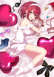  absurdres blush breasts cleavage dress earrings female heterochromia highres hololive houshou_marine houshou_marine_(8th_costume) jewelry large_breasts looking_at_viewer official_alternate_costume open_mouth red_eyes red_hair short_hair smile solo stuffed_animal stuffed_toy teddy_bear virtual_youtuber white_dress yellow_eyes yoshioka_pochi 