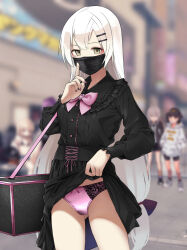  4girls absurdres alternate_costume bag black_dress black_surgical_mask blurry blurry_background bow bowtie clothes_lift commission cowboy_shot dress english_commentary finger_to_mouth girls&#039;_frontline grey_eyes hair_between_eyes highres long_hair looking_at_viewer m200_(girls&#039;_frontline) mask masked mouth_mask multiple_girls o_o_(ywsm2327) panties pink_bow pink_bowtie pink_nails pink_panties qbu-88_(girls&#039;_frontline) shushing skirt skirt_lift svd_(girls&#039;_frontline) type_80_(girls&#039;_frontline) underwear white_hair 