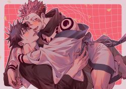  2boys absurdres azukiharuta_ju black_hair black_sweater blush border facial_tattoo fang_out fingernails forehead_tattoo fushiguro_megumi grey_border highres hug jujutsu_kaisen long_sleeves looking_at_viewer male_focus multiple_boys nipples oerba_yun_fang open_mouth pink_hair red_background robe ryoumen_sukuna_(jujutsu_kaisen) sharp_fingernails sweater tattoo white_robe wrist_tattoo yaoi 