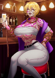  1girls beer big_breasts blonde_hair cleavage clothing curvy don_quixote_(limbus_company) female limbus_company looking_at_viewer open_clothes open_shirt project_moon shirt short_hair sitting tattoo tattoos yellow_eyes 