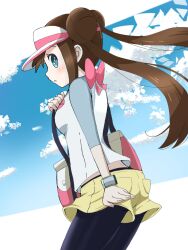  back_bow back_peek bag black_leggings blue_eyes blue_sky blush bow bright_pupils brown_hair double_bun doughnut_hair_bun emapippi female hair_bun handbag highres holding holding_bag leggings leggings_under_shorts long_hair looking_back open_mouth pink_bow pokemon pokemon_bw2 rosa_(pokemon) shirt short_shorts shorts sideways_mouth sky solo twintails visor_cap white_pupils white_shirt yellow_shorts 