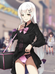  4girls absurdres alternate_costume bag black_dress blurry blurry_background bow bowtie clothes_lift commission cowboy_shot dress english_commentary finger_to_mouth girls&#039;_frontline grey_eyes hair_between_eyes highres long_hair looking_at_viewer m200_(girls&#039;_frontline) multiple_girls o_o_(ywsm2327) panties parted_lips pink_bow pink_bowtie pink_nails pink_panties qbu-88_(girls&#039;_frontline) shushing skirt skirt_lift smile svd_(girls&#039;_frontline) type_80_(girls&#039;_frontline) underwear white_hair 