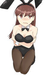  absurdres alternate_costume animal_ears bare_shoulders black_bow black_bowtie black_leotard blush bow bowtie breasts brown_eyes brown_hair cleavage detached_collar embarrassed fake_animal_ears female highres kantai_collection large_breasts leotard long_hair looking_at_viewer ooi_(kancolle) playboy_bunny rabbit_ears seiza simple_background sitting solo strapless strapless_leotard subaru_izumi white_background wrist_cuffs 