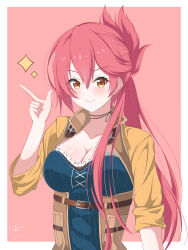  absurdres belt border breasts cleavage closed_mouth commentary_request dot_nose eiyuu_densetsu female half_updo highres index_finger_raised large_breasts long_hair looking_at_viewer mayuto_illust outside_border pink_hair ponytail red_background sara_valestein sen_no_kiseki_(series) sen_no_kiseki_iii smile solo sparkle upper_body white_border yellow_eyes 