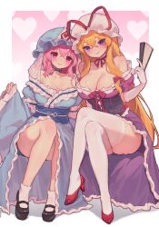  2girls bare_shoulders black_footwear blonde_hair blue_kimono bow breasts cleavage corset dress folding_fan frilled_kimono frills hairbow hand_fan hat hat_ribbon high_heels highres japanese_clothes kimono mary_janes mob_cap multiple_girls neck_ribbon obi pink_dress pink_eyes pink_hair purple_dress qiu_ju red_footwear revealing_clothes ribbon saigyouji_yuyuko sash shoes sleeve_garter thick_thighs thighs touhou triangular_headpiece yakumo_yukari 