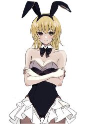  animal_ears black_leotard blonde_hair blush breasts cagalli_yula_athha commentary_request cowboy_shot crossed_arms detached_collar fake_animal_ears female frills gumigumi9999 gundam gundam_seed gundam_seed_destiny gundam_seed_freedom highres leotard looking_at_viewer medium_breasts nontraditional_playboy_bunny short_hair simple_background smile solo strapless strapless_leotard white_background yellow_eyes 