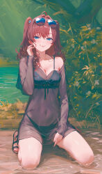  absurdres bikini black_bikini black_nightgown blue_eyes blush breasts brown_hair cleavage closed_mouth eyewear_on_head female highres ichinose_shiki idolmaster idolmaster_cinderella_girls idolmaster_cinderella_girls_starlight_stage kneeling looking_at_viewer medium_breasts medium_hair navel nightgown outdoors qingli_ye sandals see-through see-through_nightgown smile solo swimsuit two_side_up 