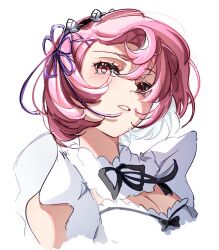  breasts cleavage english_commentary female floating_hair hair_ornament hair_ribbon highres looking_at_viewer maid maid_headdress olivia66949612 pink_eyes pink_hair purple_ribbon ram_(re:zero) re:zero_kara_hajimeru_isekai_seikatsu ribbon ribbon-trimmed_clothes ribbon_trim roswaal_mansion_maid_uniform short_hair simple_background solo white_background x_hair_ornament 