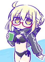  artoria_pendragon_(fate) bikini black_bikini blonde_hair blue_background blush braid breasts brown_eyes chibi cleavage closed_mouth commentary_request cup disposable_cup drinking_straw fate/grand_order fate_(series) female glasses hair_between_eyes hair_bun holding holding_cup hood hood_down kasuga_yuuki long_sleeves looking_at_viewer mysterious_heroine_x_alter_(fate) outline puffy_long_sleeves puffy_sleeves red-framed_eyewear semi-rimless_eyewear shrug_(clothing) side-tie_bikini_bottom sleeves_past_wrists small_breasts solo swimsuit two-tone_background under-rim_eyewear white_background white_outline 