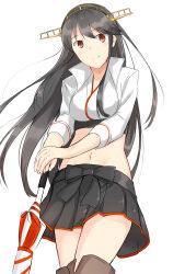  absurdres black_hair black_skirt breasts brown_eyes crop_top female haruna_(kancolle) haruna_(race_queen)_(kancolle) headgear highres holding holding_umbrella kantai_collection large_breasts long_hair looking_to_the_side midriff navel official_alternate_costume pleated_skirt race_queen skirt smile solo subaru_izumi umbrella white_background 