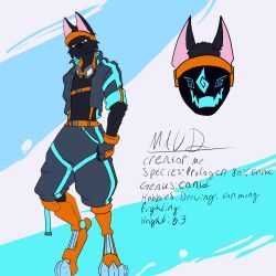  absurd_res anthro biohound clothing eyewear gloves goggles goggles_around_neck handwear hi_res jacket machine male model_sheet my_oc protogen protogen_face protogen_visor robotic_legs shoulder_holster solo streetwear techwear text topwear 