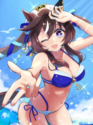  alternate_costume animal_ears armpits beret bikini blush breasts commentary_request earrings female fingernails hair_ornament hat highres horse_ears horse_girl jewelry medium_breasts mole mole_under_eye navel ocean open_mouth purple_eyes single_earring sky solo swimsuit taniko_shanokoya twintails umamusume vivlos_(umamusume) wet 