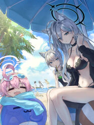  3girls 3ni3ni =_= adapted_costume ahoge animal_ear_fluff animal_ears ayane_(blue_archive) ayane_(swimsuit)_(blue_archive) beach beach_umbrella bikini black_bikini black_halo blue_archive blue_eyes blue_sky breasts closed_mouth cloud commentary cross_hair_ornament cup day disposable_cup drink drinking drinking_straw drinking_straw_in_mouth expressionless eyewear_on_head grey_hair hair_ornament halo highres holding holding_cup holding_drink hoshino_(blue_archive) hoshino_(swimsuit)_(blue_archive) huge_ahoge large_breasts looking_at_viewer multiple_girls nonomi_(blue_archive) nonomi_(swimsuit)_(blue_archive) oerba_yun_fang official_alternate_costume outdoors palm_tree pink_hair pink_halo sand sand_castle sand_sculpture serika_(blue_archive) serika_(swimsuit)_(blue_archive) shiroko_(blue_archive) shiroko_(swimsuit)_(blue_archive) shiroko_terror_(blue_archive) sitting skin_fang sky sunglasses swimsuit tree umbrella wolf_ears 