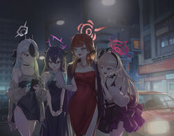  4girls :d absurdres aru_(blue_archive) aru_(dress)_(blue_archive) bare_shoulders black_choker black_dress black_hair black_hairband blue_archive breasts building car cellphone choker cleavage commentary_request cowboy_shot dress expressionless grey_eyes grey_hair grey_halo hair_between_eyes hairband halo hand_up hands_up haruka_(blue_archive) haruka_(dress)_(blue_archive) highres holding holding_phone horns jewelry kayoko_(blue_archive) kayoko_(dress)_(blue_archive) keji133 lamppost motor_vehicle multicolored_hair multiple_girls mutsuki_(blue_archive) mutsuki_(dress)_(blue_archive) necklace night open_mouth outdoors phone pointy_ears problem_solver_68_(blue_archive) purple_dress purple_hair purple_halo red_dress red_hair red_halo single_wing sleeveless sleeveless_dress smartphone smile two-tone_hair wings yellow_eyes 