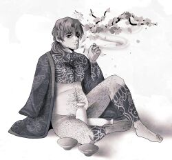  1boy gregor_(limbus_company) hair kimono limbus_company male male_only ponytail project_moon short_hair smoking tagme tattoo tattoos 