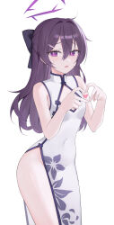  absurdres alternate_costume blue_archive china_dress chinese_clothes cleavage_cutout clothing_cutout dress female finger_heart floral_print floral_print_dress halo haruka_(blue_archive) heart highres purple_eyes purple_hair purple_halo simple_background solo white_background white_dress yagen_(user_mxur3238) 