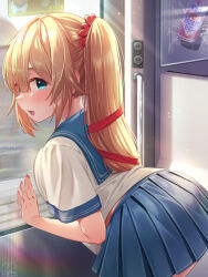  :d against_glass akai_haato aqua_eyes bent_over blonde_hair blue_sailor_collar blue_skirt blush breast_press breasts female hair_ornament hair_ribbon highres hololive long_hair looking_at_viewer magowasabi medium_breasts oerba_yun_fang open_mouth pleated_skirt ponytail ribbon sailor_collar shirt short_sleeves signature skirt smile solo sunlight train_interior virtual_youtuber white_shirt window 