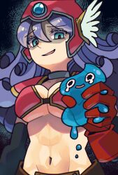  absurdres aqua_eyes armor bikini_armor breasts commentary_request curled_ends dragon_quest dragon_quest_iii female helmet highres kuzuno_ha large_breasts long_hair navel open_mouth purple_hair raised_eyebrows red_pupils smug soldier_(dq3) squishing tearing_up winged_helmet 