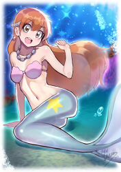  :d air_bubble beads bikini brown_hair bubble collarbone commentary_request earrings eyelashes female green_eyes hair_beads hair_ornament hand_up head_tilt highres jewelry kasumi_(pokemon) long_hair mermaid mermaid_misty_(pokemon) monster_girl navel necklace open_mouth pokemon pokemon_(anime) pokemon_(classic_anime) shell shell_bikini signature smile solo swimsuit teeth tongue underwater upper_teeth_only yasu_suupatenin 