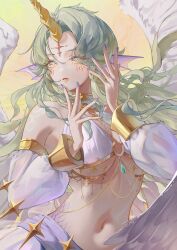  absurdres bare_shoulders bikini breasts chains chigusa7h commentary_request diamond-shaped_pupils diamond_(shape) facial_mark feathered_wings female fingernails fins green_hair hands_up head_fins highres horns imperator_(wuthering_waves) large_breasts long_hair looking_at_viewer nail_polish navel parted_lips personification purple_eyes purple_nails scales single_horn sleeve_garter solo stomach swimsuit symbol-shaped_pupils tacet_mark_(wuthering_waves) underboob upper_body very_long_hair white_bikini white_sleeves wings wuthering_waves yellow_eyes yellow_horns 