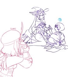  1boy 2girls armor blunt_ends bow bridal_gauntlets camera cape charlotte_(genshin_impact) clenched_hands closed_mouth corset cowgirl_position crescent crescent_hat_ornament cross-laced_clothes cross-laced_sleeves detached_sleeves elbow_gloves genshin_impact gloves hakama hakama_shorts hat hat_bow hat_feather hat_ornament highleg highleg_leotard highres holding holding_camera holding_knife hydro_symbol_(genshin_impact) japanese_armor japanese_clothes knife kote leotard long_hair long_sleeves looking_at_another looking_at_viewer mona_(genshin_impact) monochrome multiple_girls newsboy_cap nxomii_herx one_side_up pleated_shorts ponytail_holder scaramouche_(genshin_impact) short_hair shorts sidelocks star_(symbol) star_hat_ornament star_print straddling taking_picture twintails wanderer_(genshin_impact) witch_hat 