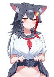  :/ alternate_costume animal_ear_fluff animal_ears black_hair black_skirt blush breasts clothes_lift female hair_between_eyes hair_ornament hairclip highres hololive long_hair looking_at_viewer multicolored_hair navel neckerchief no_panties nose_blush ookami_mio out-of-frame_censoring paid_reward_available pleated_skirt red_hair red_neckerchief sailor_collar school_uniform shirt short_sleeves sidelocks simple_background skirt skirt_lift solo spiked_hair straight-on streaked_hair verdey virtual_youtuber white_background white_shirt wolf_ears wolf_girl yellow_eyes 