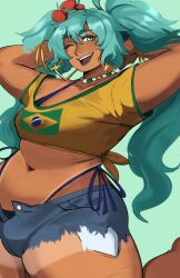  ;d absurdres aqua_background arms_behind_head arms_up bangle bead_choker bikini blue_eyes blue_hair blue_lips blue_shorts bracelet brazilian_flag brazilian_flag_print brazilian_miku commentary crop_top dark-skinned_female dark_skin denim denim_shorts earrings english_commentary female flower glint gold_earrings hair_flower hair_ornament hatsune_miku highres jewelry legs_up lipstick long_hair looking_at_viewer makeup michael_lavacca midriff navel one_eye_closed open_mouth partially_unbuttoned plump rectangular_earrings red_flower shirt short_shorts short_sleeves shorts shorts_tan side-tie_bikini_bottom simple_background smile solo swimsuit swimsuit_under_clothes tan tanline_peek tanlines tied_shirt twintails very_long_hair vocaloid yellow_shirt 