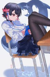  arm_under_breasts artist_name black_choker black_hair black_pantyhose blue_skirt caustics cellphone chair choker colored_inner_hair desk ear_piercing earbuds earphones ellen_joe female fins fish_tail food_in_mouth highres holding holding_phone kippeijii legs_on_table multicolored_hair pantyhose phone piercing pleated_skirt red_eyes red_hair red_nails school_chair school_desk school_uniform shadow shark_girl shark_tail shirt short_hair skirt smartphone solo tail twitter_username white_background white_shirt zenless_zone_zero 