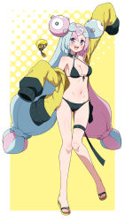  :d absurdres arm_up bikini black_bikini blush border bow-shaped_hair breasts character_hair_ornament commentary_request eggman_(pixiv28975023) female flip-flops full_body hair_ornament happy highres iono_(pokemon) jacket knees long_hair multicolored_hair navel open_clothes open_jacket open_mouth pokemon pokemon_(creature) pokemon_sv sandals sleeves_past_fingers sleeves_past_wrists smile swimsuit tadbulb teeth thigh_strap toes twintails two-tone_hair upper_teeth_only white_border yellow_background yellow_jacket 