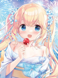  :d bare_shoulders blonde_hair blue_bow blue_eyes blue_flower blush bow bra_strap candy_apple crossed_bangs female fireworks floral_print flower food hair_between_eyes hair_flower hair_ornament hand_up japanese_clothes kimishima_ao kimono long_hair looking_at_viewer medium_bangs night oerba_yun_fang original outdoors smile solo straight-on twintails upper_body white_kimono wide_sleeves yukata 