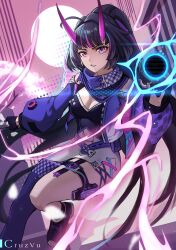  absurdres ahoge artist_name black_gloves breasts cleavage commentary cruzvu dress english_commentary female gloves highres holding holding_sword holding_weapon honkai_(series) honkai_impact_3rd horns jacket katana long_hair long_sleeves looking_at_viewer open_mouth purple_dress purple_eyes purple_hair purple_jacket purple_scarf purple_thighhighs raiden_mei raiden_mei_(haunted_dusk) raiden_mei_(herrscher_of_thunder) scarf single_thighhigh solo sword thighhighs weapon 