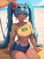  1girls ai_generated anime_style aqua_eyes aqua_hair beach beach_towel beach_umbrella belly belly_button bikini brazil brazilian brazilian_miku earrings flower_in_hair full_lips hatsune_miku light_blue_hair mudoart ponytail sand smile sunglasses sunglasses_on_head suntan thick_thighs vocaloid yellow_shirt 