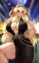  abs absurdres bare_shoulders barghest_(fate) bb_(fate) bb_dubai_(fate) bb_dubai_(fate)_(cosplay) belly_chain black_dress blonde_hair bracelet braid braided_hair_rings breasts center_opening cleavage cosplay dress fate/grand_order fate_(series) female green_eyes hair_ribbon heterochromia highres jewelry large_breasts long_hair looking_at_viewer necklace raskasar red_eyes ribbon smile solo thick_thighs thighs toned twin_braids yellow_ribbon 