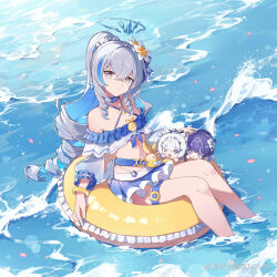  absurdres afloat bare_legs bare_shoulders bikini bikini_skirt blue_bikini blue_hair blue_halo bracelet breasts bronya_zaychik bronya_zaychik_(herrscher_of_truth) colored_inner_hair drill_hair female floating floating_object flower gao_hai_takami grey_eyes grey_hair hair_between_eyes hair_flower hair_ornament halo highres homu_(honkai_impact) honkai_(series) honkai_impact_3rd jewelry kiana_kaslana kiana_kaslana_(herrscher_of_finality) kiana_kaslana_(selenic_ripples) long_hair looking_at_viewer multicolored_hair navel raiden_mei raiden_mei_(crooning_tides) raiden_mei_(herrscher_of_origin) small_breasts solo stomach swimsuit thigh_strap two-tone_hair water 