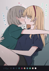  2girls absurdres arms_around_neck black_shirt black_shorts blush closed_eyes color_guide commentary_request fly_iadiial green_eyes green_shirt grey_background grey_hair hairband heanna_sumire heart highres hug kissing long_hair looking_at_another love_live! love_live!_superstar!! multiple_girls parted_lips red_hairband shirt short_hair short_sleeves shorts tang_keke yuri 