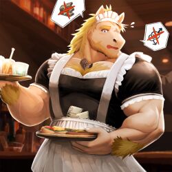  anothereidos_of_dragon_vein_r anthro arm_tuft bar beard blonde_hair body_hair chest_hair clothed clothing crossdressing equid equine equus_(anothereidos_r) facial_hair hair hi_res horse long_hair maid_uniform male mammal money muscular muscular_arms muscular_male riotaro15 solo tuft uniform wrist_tuft 