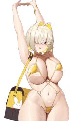  arms_up bag bikini blonde_hair bracelet breasts colored_inner_hair commentary_request elegg_(nikke) female goddess_of_victory:_nikke gold_bikini gold_bracelet gold_choker golden_week hair_intakes hair_over_one_eye handbag highres huge_breasts jewelry korean_commentary micro_bikini multicolored_hair navel o-ring o-ring_bikini open_mouth purple_eyes revealing_clothes short_hair simple_background skindentation slingshot_swimsuit solo stomach stretching swimsuit tachibana-san wet white_background yellow_bikini yellow_slingshot_swimsuit 