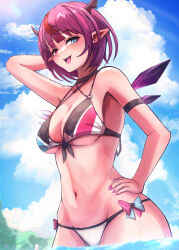  absurdres arm_behind_head arm_up bikini blue_eyes blue_sky breasts cleavage cloud female hand_on_own_hip heterochromia highres hololive hololive_english irys_(hololive) kaiju_ryoku large_breasts looking_at_viewer multicolored_hair nail_polish navel pink_nails pointy_ears purple_hair red_eyes red_hair sky smile solo swimsuit two-tone_bikini two-tone_hair virtual_youtuber wading water wings 