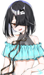  absurdres bikini black_bow black_hair black_ribbon blush bow breasts brown_hair commentary_request fate/grand_order fate_(series) female frilled_bikini frills hair_over_eyes hairbow highres looking_at_viewer medium_hair mole mole_under_eye navel official_alternate_costume open_mouth ribbon simple_background small_breasts smile solo swimsuit upper_body watosu white_background white_bow xu_fu_(fate) xu_fu_(swimsuit_avenger)_(fate) 