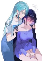  2girls absurdres aqua_hair blue_hair blush closed_mouth dress highres jewelry long_hair long_sleeves looking_at_another multiple_girls nail_polish necklace original parted_lips purple_dress purple_eyes purple_nails qiandaiyiyu shirt short_hair short_sleeves simple_background sitting thighs white_background white_shirt yuri 