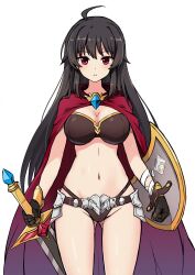  ahoge armor ass_visible_through_thighs bikini_armor black_gloves black_hair breasts cape cleavage commentary_request female gloves gold_trim gradient_cape groin highres holding holding_shield holding_sword holding_weapon iris_yuma korean_commentary large_breasts long_hair looking_at_viewer losvje1024 navel parted_lips purple_cape red_cape red_eyes shield simple_background solo soulworker standing stomach straight-on sword tape weapon white_background 