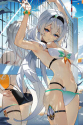  2girls alternate_costume armpits arms_up ass bikini black_bikini black_hairband blue_sky breasts carrying carrying_under_arm cleavage cloud cloudy_sky commentary crossed_bangs dappled_sunlight day firefly_(honkai:_star_rail) grey_hair hair_between_eyes hairband honkai:_star_rail honkai_(series) long_hair looking_at_viewer medium_breasts multiple_girls navel open_mouth purple_eyes scottie_(phantom2) scrunchie sidelocks sky solo_focus stelle_(honkai:_star_rail) stomach sunlight swimsuit thigh_strap trailblazer_(honkai:_star_rail) volleyball volleyball_net white_bikini wrist_scrunchie 