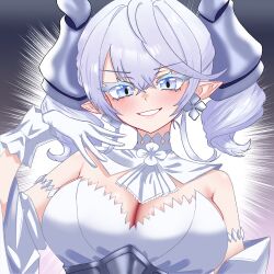  absurdres bare_shoulders blush breasts cleavage commentary_request demon_girl demon_horns dress drill_hair duel_monster earrings female gloves grey_eyes grey_hair highres horns jewelry long_hair lovely_labrynth_of_the_silver_castle meme nah_i&#039;d_win_(meme) oldsickkim parted_lips pointy_ears smile smug solo strapless strapless_dress textless_version twin_drills twintails upper_body white_dress white_gloves yu-gi-oh! 