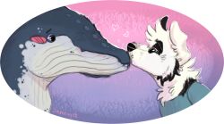  2019 anthro baleen_whale black_markings black_nose blue_eyes blush blush_stickers border_collie button_ears canid canine canis cetacean closed_eyes clothed clothing collie digital_drawing_(artwork) digital_media_(artwork) domestic_dog duo floppy_ears fur grey_body grey_skin head_tuft heart_symbol herding_dog humpback_whale jaspering looking_at_another male male/male mammal marine markings nose_kiss pastoral_dog pink_blush romantic romantic_couple shaded sheepdog shirt side_view signature smile snout teal_clothing teal_shirt teal_topwear topwear tuft whale whisker_spots white_body white_fur 